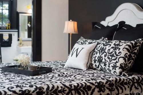 Black and White Bedroom at the 2015 Decorators Show house. Designed in collaboration with Calico Corners.