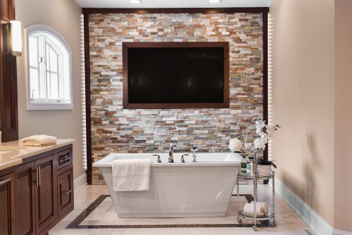 Stacked stone accent wall, master bathroom. Clarence,NY